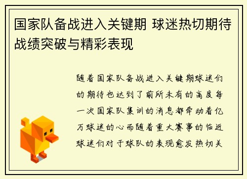 国家队备战进入关键期 球迷热切期待战绩突破与精彩表现