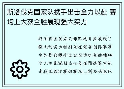 斯洛伐克国家队携手出击全力以赴 赛场上大获全胜展现强大实力