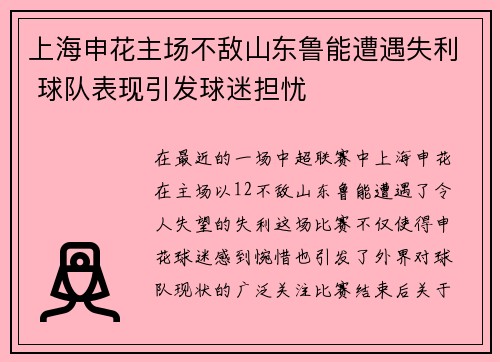 上海申花主场不敌山东鲁能遭遇失利 球队表现引发球迷担忧