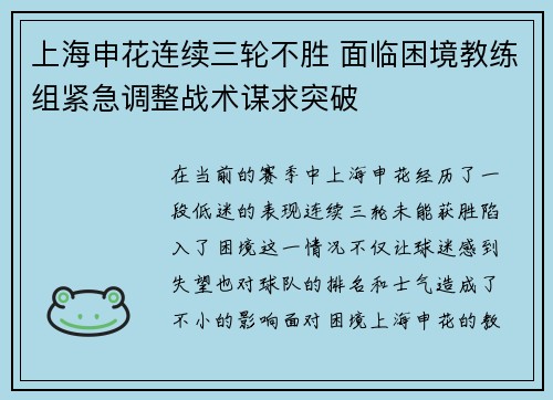 上海申花连续三轮不胜 面临困境教练组紧急调整战术谋求突破