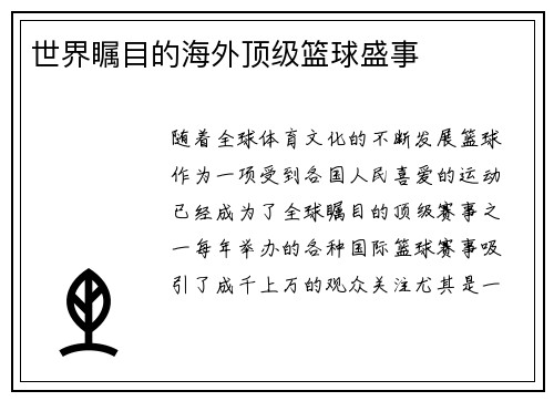 世界瞩目的海外顶级篮球盛事