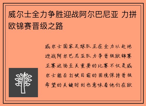 威尔士全力争胜迎战阿尔巴尼亚 力拼欧锦赛晋级之路