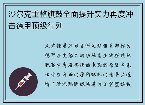 沙尔克重整旗鼓全面提升实力再度冲击德甲顶级行列